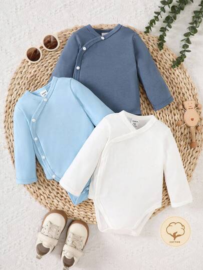 3pcs/Set Newborn Baby Girls/Boys White Solid Color Crossed Collar Comfortable Cute Fun Elegant Simple Fashion Soft Long Sleeve Elastic Romper Jumpsuit Outfit Set Fall Winter