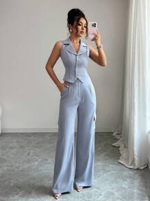 Elenzga 优雅有领无袖条纹背心和直腿宽裤女士套装，修身廓形 - 藍色 - 查看 6