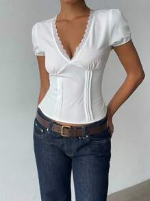 INAWLY 夏季休闲法式蕾丝花边泡泡袖衬衫 - 白色 - 查看 5