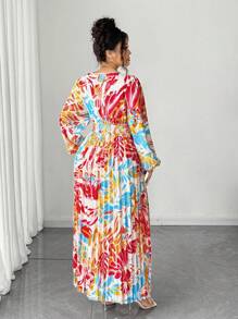 Elenzga Halloween Plus Size Women's Elegant Colorful Floral Print V-Neck Ruched Flared Hem High Slit Long Sleeve Maxi Dress Fall Cloth For Women - Multicolor - View 5