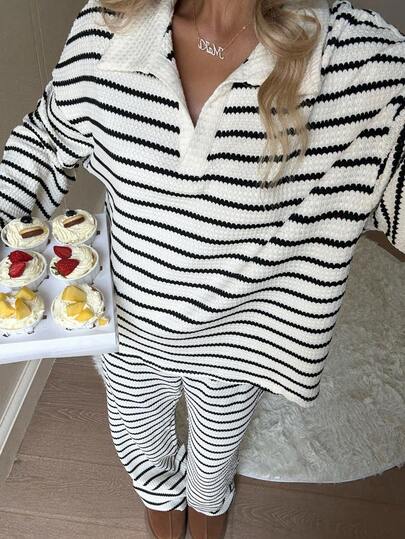 SHEIN Teen Girls 's 2pcs Set Loose Striped V-Neck Drop Shoulder Long Sleeve T-Shirt &Elastic Waist Striped Pants, Winter Sweater Suit Autumn/Winter/ T-Shirt Co-Ords