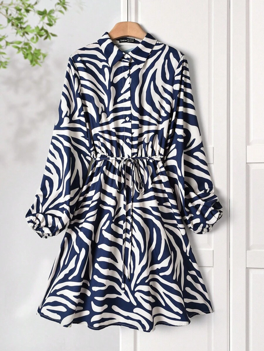 Rusticease 女士休闲通勤全印花前扣短款连衣裙 斑马纹连衣裙 蓝白连衣裙 女士短袖连衣裙 斑马纹长袖连衣裙 斑马纹衬衫裙 学校服装 商务休闲女装 动物纹连衣裙 动物纹连衣裙 动物纹婚礼宾客连衣裙 女士工作/办公室冬季连衣裙 女士冬季服装 - 彩色 - 查看 1