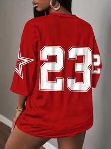 Slaydiva Plus Size Minimalist Number Print V-Neck T-Shirt, Casual Sporty Style, Suitable For Summer - Red - View 2