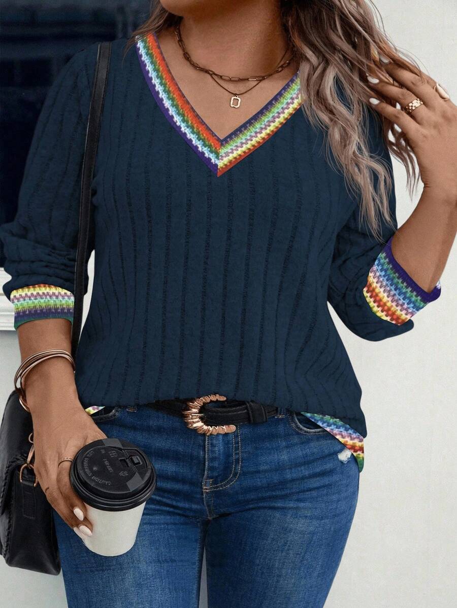 EMERY ROSE Women's V-Neck Patchwork Vintage Print Long Sleeve Plus Size Sweatshirt, Autumn/Winter Fall Cloth For Women