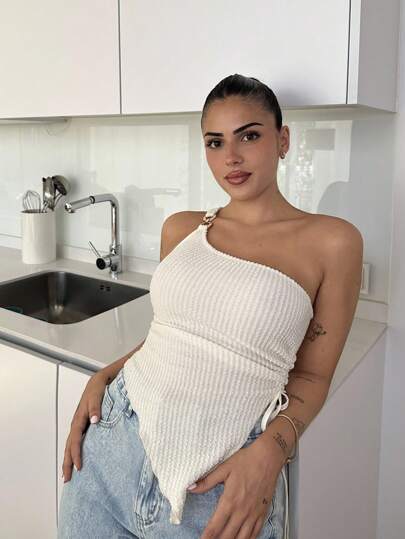 Lucia Bellido 女士夏季假期燕麦纹理针织单肩紧身下摆开衩抽绳褶皱吊带背心，适合派对、约会之夜、情人节、复活节、狂欢节、下午茶、海滩巡游、城市街头度假