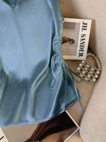 GlowEve Women's Elegant Elegant Simple Solid Color V-Neck Batwing Sleeve Drawstring Ruched Satin Blouse, Summer - Blue - View 5