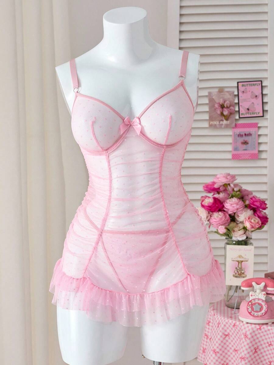 PetitDoll مجموعة من قميص نوم شفاف وسروال جي-سترينغ للمقاسات الكبيرة - وردي - مشاهدة 1