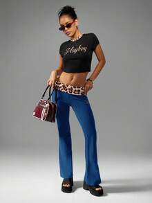 Missguided x Playboy Colanți evazați Y2K pentru femei, pantaloni cu fund de clopot, cu imprimeu leopard, talie înaltă, stil retro, bootcut, petrecere, club, festival - Albastru marin - Vizualizare 3