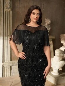 Aureia Plus Size Elegant Simple Black Round Neck Transparent Neckline Splicing Luxury Beaded Tassel Tight Hips Suitable For Wedding Party Celebration Important Occasion Cocktail Gown - Black - View 7