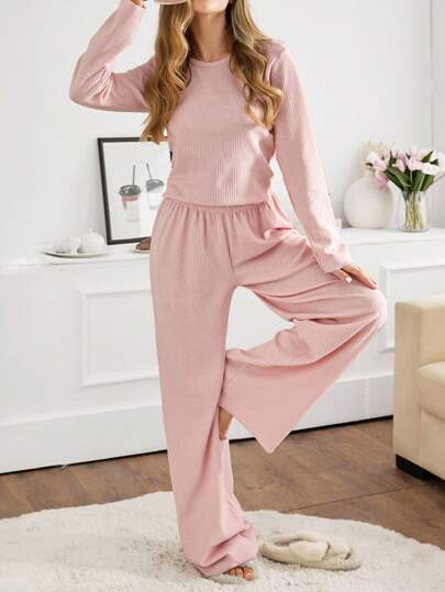 EURM Women Rib Knit Round Neck Long Sleeve Top Pants Homewear Com Lounge Set Pajama Sets Wear Comfy Pyjama view 4