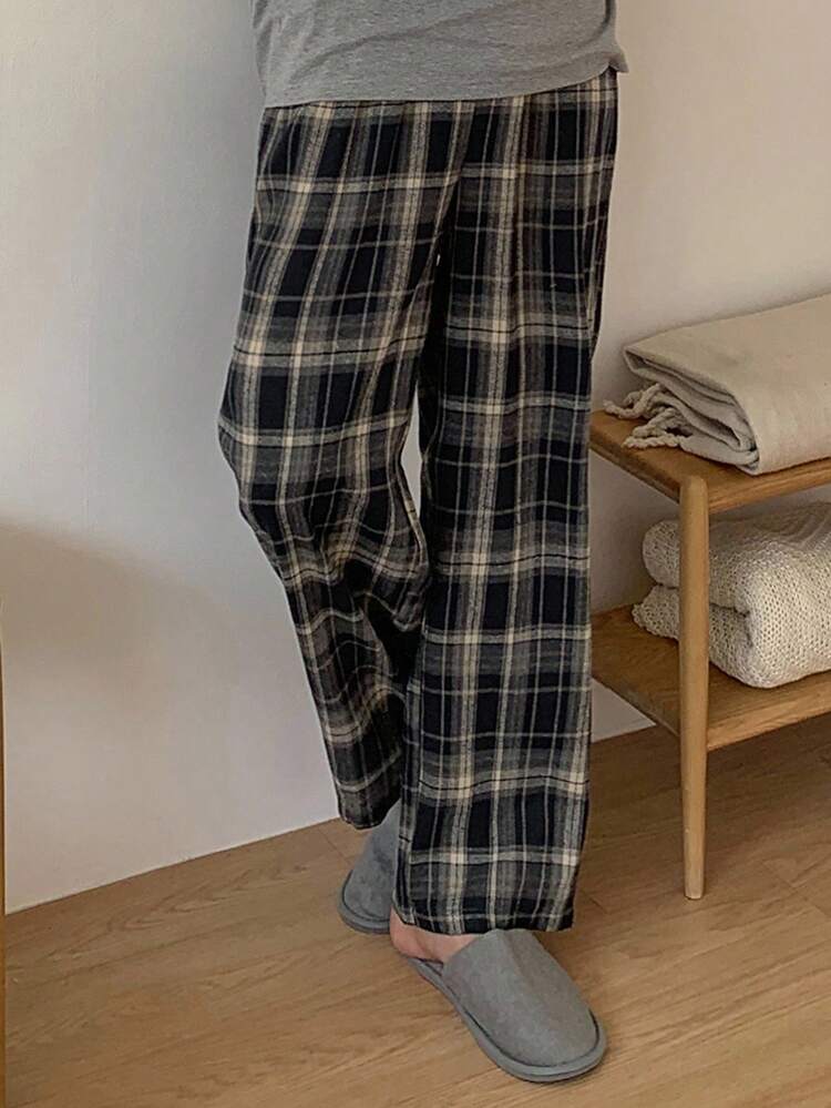 Men's Plaid Navy Blue Pajama Bottoms, Spring/Summer, For Fall, Winter
