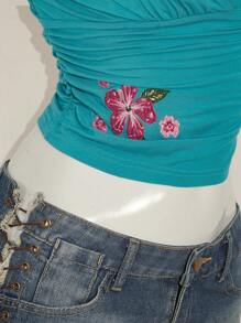 SHEIN ICON Y2k 女款蓝绿色外出刺绣花卉休闲度假海滩性感露背系带短款上衣