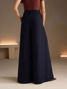 Anewsta 女款阔腿裤咖啡棕色西装裤宽松休闲喇叭裤版型优雅垂坠感适合秋冬 - 寶藍色 - 查看 2