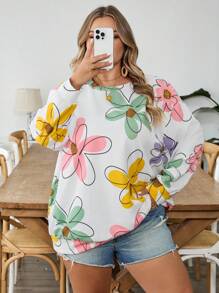 SHEIN CURVE+ Sudadera holgada de manga larga con cuello redondo y estampado minimalista para mujer de talla grande, ropa de otoño. Suéter de punto con estampado de plantas y cuello redondo para mujeres de talla grande en otoño - Multicolor - Ver 9