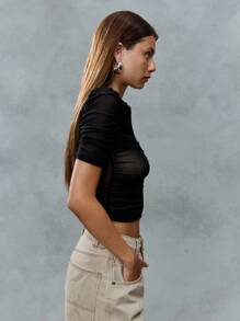 TypaGal Black Ruched Mesh Zip-Up Polo Top With Short Sleeves,Summer Seksi Chic Club Night Grungy Punk Vibe 2000s Flair Back To School Pick Layered Or Solo - Black - View 5