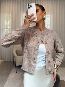 Lavishia 女士纯色长袖单排扣镂空休闲开衫 - 卡其色 - 查看 5