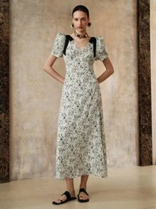 EMERY ROSE Rochie elegantă de damă, cu decolteu în V, model floral, cu nod și mânecă scurtă, în talie, potrivită pentru școală, vacanță, întâlniri, primăvară/toamnă - Alb-negru - Vizualizare 8