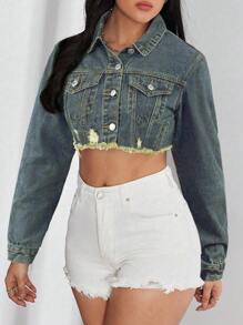 SHEIN ICON 女式长袖单排扣休闲短款牛仔夹克 - 深色水洗藍 - 查看 3