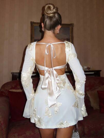 Glamine Charm Apricot Mesh Embroidered Lace-Up Backless Dress,White And Gold Summer Elegant Birthday Party Holiday Trumpet Sleeve Floral Print Dress For Ladies