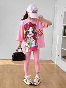 SHEIN 少女肖像印花宽松圆领短袖 T 恤和紧身裤两件套 - 粉色 - 查看 1
