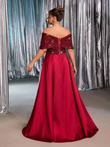 Glamrae Váy dạ hội cỡ lớn mùa thu đông thanh lịch và lộng lẫy màu đỏ rượu vang đính sequin, chất liệu satin sáng bóng, kiểu dáng trễ vai xếp ly, thích hợp cho các buổi tối, tiệc độc thân, hẹn hò, lễ hội, khiêu vũ, lễ tốt nghiệp, đám cưới, sự kiện dạ hội (kiểu dáng cầu kỳ), trang phục Gothic, Ngày Valentine. - Màu Đỏ Sâu - Xem 4