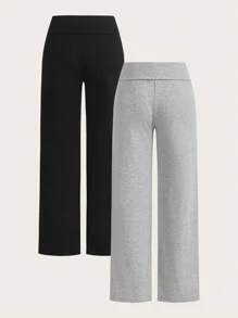 SHEIN EZwear 2 件女士休闲加州字母刺绣贴布高腰阔腿直筒裤，适合夏季 - 彩色 - 查看 2