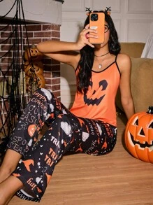Miss Vinta Vintage Casual Ghost & Pumpkin Halloween Print Camisole & Pants Women Pajama Set Orange Pajama Set Women Halloween Pjs Women Halloween Pajama Set - Black - View 4