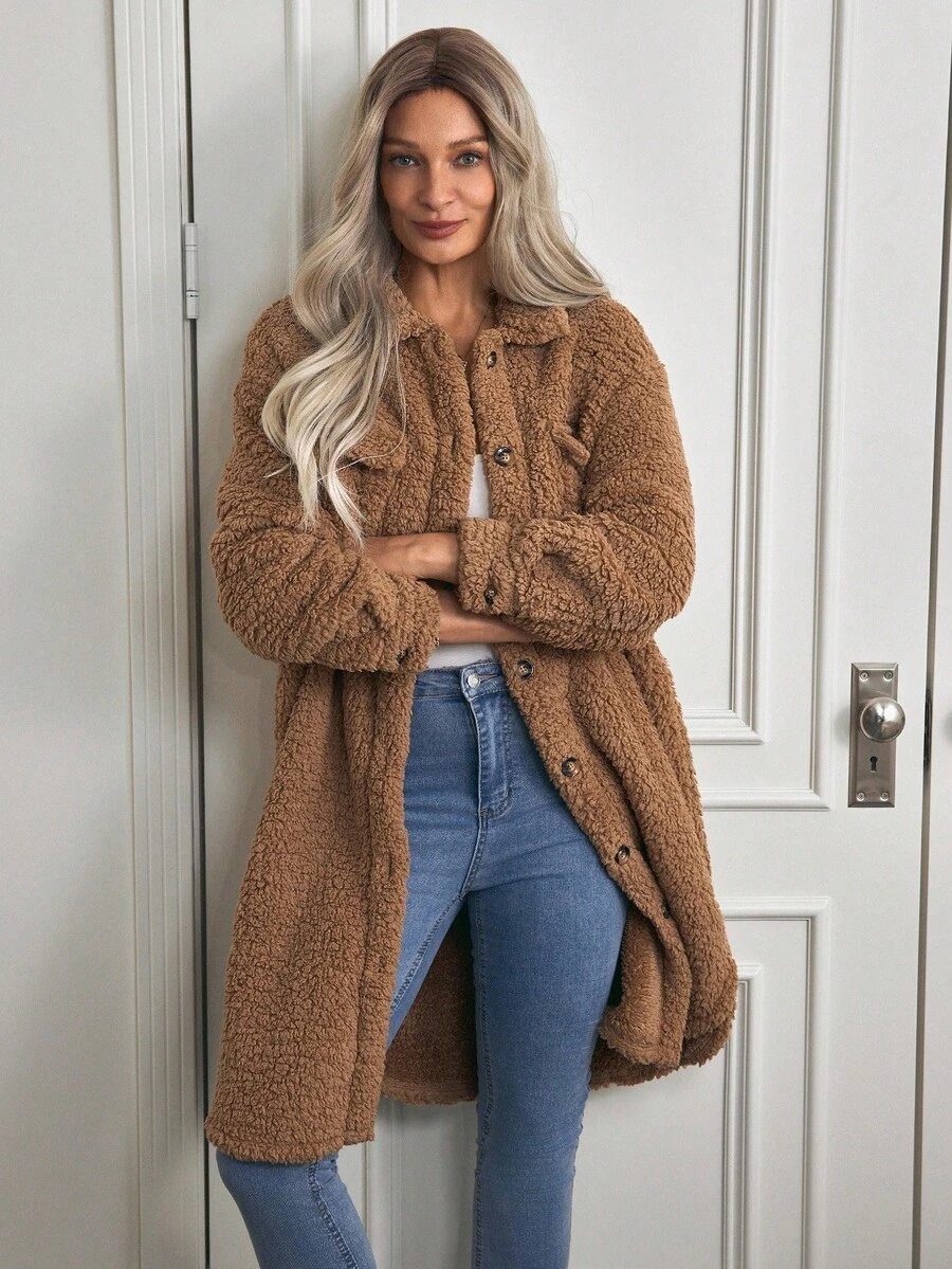 EMERY ROSE Áo khoác nữ Túi Nút phía trước màu trơn Giải trí - Lạc đà - Xem 1