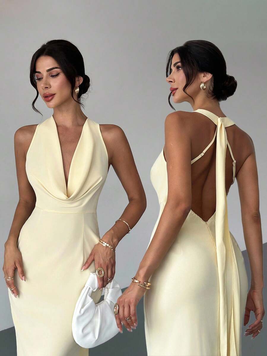 Firerie Elegant Pale Yellow Summmer Day Party Halter Deep V Backless Mermaid Maxi Dress, Glamorous Wedding Guest Formal Dresses For Vacation Graduation