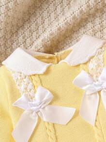 Souflis Souflis Baby Girl Collared Bow Decor Long Sleeve Top And Pants Set, Casual Resort Wear, Newborn Baby Girl Outfit Yellow, Knitted Baby Girl Clothes, Baby Girl Yellow Sweater Outfit, Lemon Yellow Baby Outfit, Baby Girl Going Home Outfit Winter