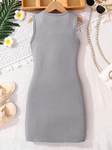 SHEIN 女童度假棕榈树印花针织背心裙，轻盈 - 灰色 - 查看 2