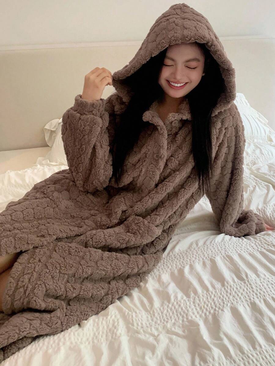 Dazy Plus Plus Size Women's Textured Flannel Hooded Fluffy Robe, Thick Warm Sleepwear For Winter,Thermal Lined, Fall, Cozy