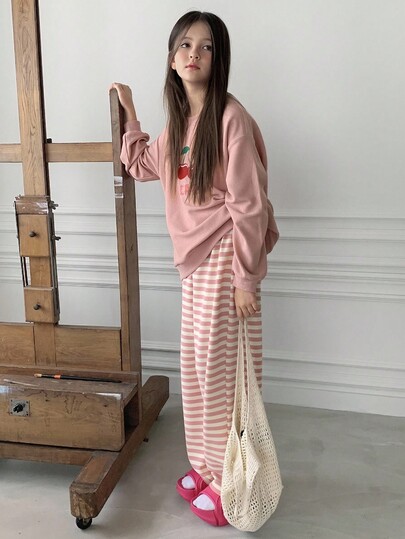 DAZY 青少年女孩舒适休闲樱桃印花圆领长袖上衣和裤子套装秋冬