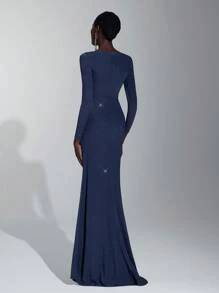 Elitara Ladies' Boat Neck Long Sleeve Bridesmaid Dress With Twisted Waist, (Adult) Elegant Formal Evening Prom Wedding Guest Gown, For Graduation, Dinner Party Dress - Navy Blue - View 3