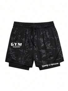 Manfinity Sport Corelite 男士迷彩字母印花运动短裤 - 黑色 - 查看 3