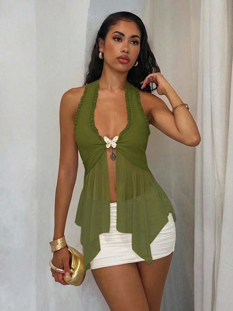 Glamine Women's Summer Chic Olive Green Party Night Mesh Tank Top