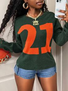 BamGleam 女式长袖圆领毛衣，军绿色，带数字 21 提花，撞色下摆，流苏和做旧细节，休闲宽松版型，秋冬针织套头衫，秋季返校时尚 - 軍綠色 - 查看 7