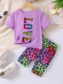 SHEIN Young Girls 2pcs Set: LOVE Letter Print Round Neck Short Sleeve T-Shirt And Colorful Leopard Print Leggings