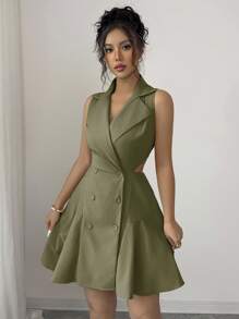 Elenzga Váy ngắn không tay hai hàng khuy trơn màu đơn giản dành cho nữ mùa hè - xanh quân đội - Xem 5