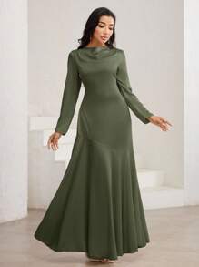 Veilorie 女士优雅纯色连衣裙，适合派对 - 軍綠色 - 查看 2