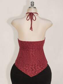 SHEIN ICON Áo dệt kim cổ yếm màu đỏ tía dành cho nữ cỡ lớn, có bèo nhún ở gấu áo, thích hợp mặc thường ngày. - Màu Đỏ Sâu - Xem 2