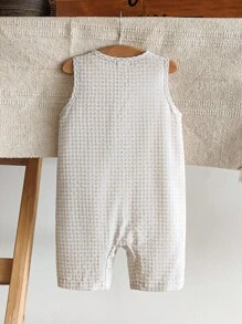 SHEIN 男婴圆领半拉链贴片可爱熊口袋连体短裤，适合通勤、休闲、度假、运动、春夏季、男婴服装、幼儿服装、婴儿服装、幼儿连体衣 - 杏色 - 查看 2