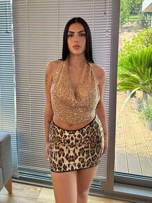 Lucia Bellido Váy bó sát mini họa tiết da báo bóng cho nữ - Màu Tím - Xem 6