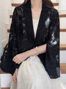 FRIFUL 女士黑色纯色透视网纱袖开衩休闲宽松百搭西装外套，适合机场、户外穿着及商务场合。 - 黑色 - 查看 3