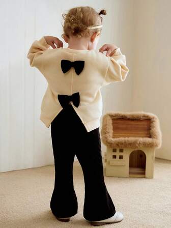 Cozy Pixies 2pcs/Set Baby Girl Bow Decor Round Neck Long Sleeve Top And Wide Leg Pants Fall Winter