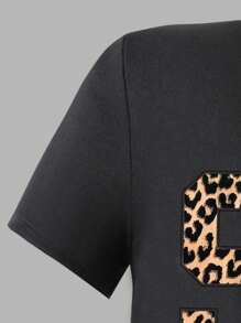 Tween Girls Leopard Print Bow Letter Graphic Loose Short Sleeve Top And Straight Leg Pants 2 Piece Set - Black - View 3