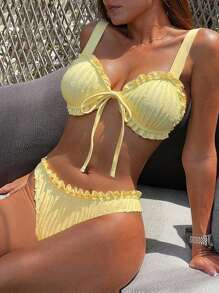 Bonvoyette Summer Solid Dobby Fabric Ruffle Bow Front Tie Cami Strap Cute Girl Casual Beach Bikini Swimwear Set For Women - Yellow - View 5