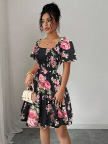 Elenzga Gaun Wanita Elegan Motif Bunga dengan Detail Kerut untuk Musim Panas - Hitam - View 3