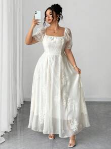 Elenzga 大码女式长裙，修腰喇叭下摆，优雅精致，刺绣方领泡泡袖时尚连衣裙 - 白色 - 查看 6