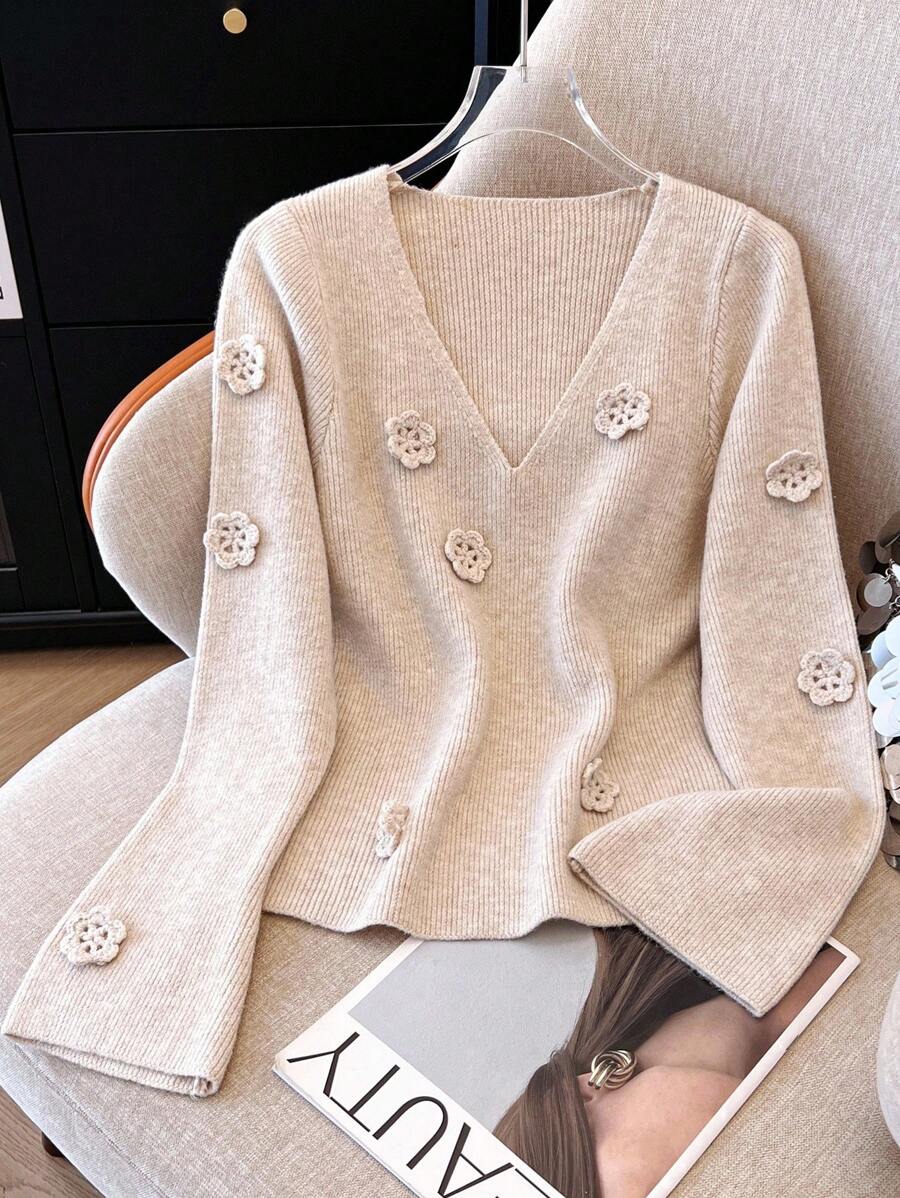 SHEIN Franclia Women's V-Neck French Handmade 3D Floral Long Sleeve Sweater Knit Pullover Fall Winter - Apricot - View 1
